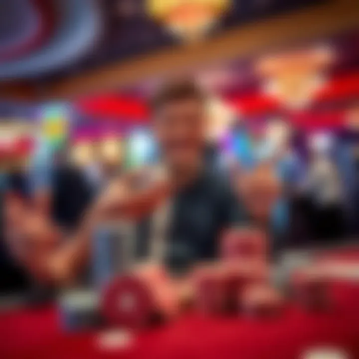 A happy player celebrating a big win at the Hard Rock Casino in Sacramento with dice in hand and a stack of chips on the table
