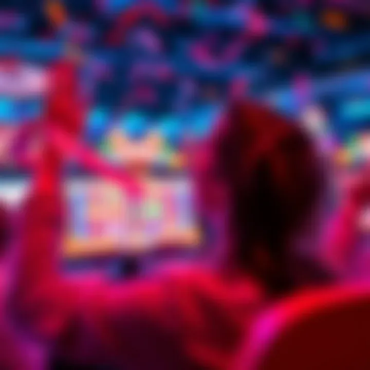 A person celebrating a big win at an online casino, with confetti and a computer screen showing a jackpot