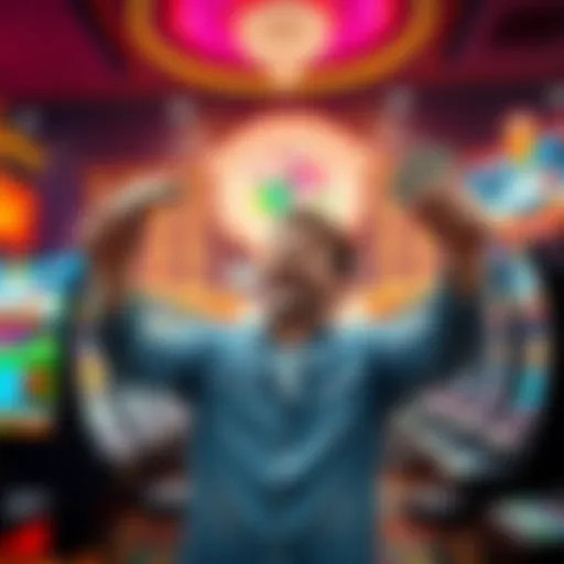 A joyful player celebrating after winning $7,000 at a casino, holding cash and tickets in hand, surrounded by casino lights and slot machines.