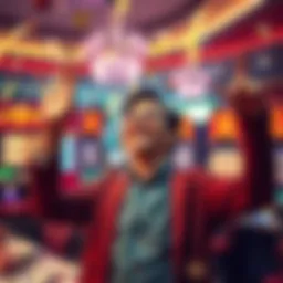 A person celebrating their casino winnings with cash and slot machine symbols in the background