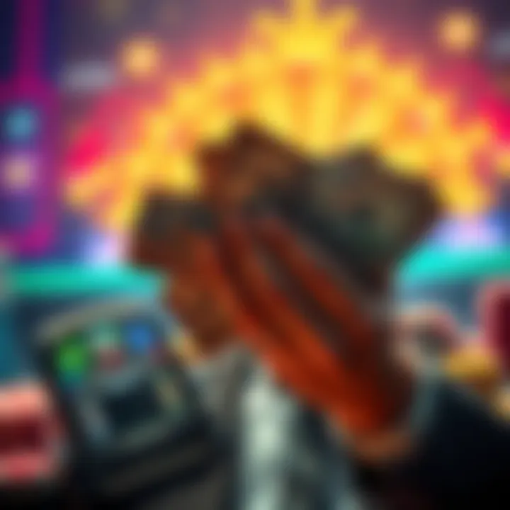 A person holding a stack of cash with casino chips in the background, reflecting on gaming wins and losses.