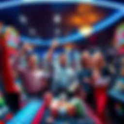 Happy players celebrating big wins in a casino, surrounded by slot machines and lights.
