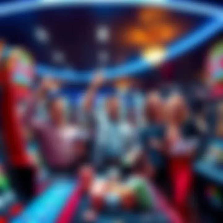 Casino Wins Celebration Happy players celebrating big wins in a casino, surrounded by slot machines and lights.