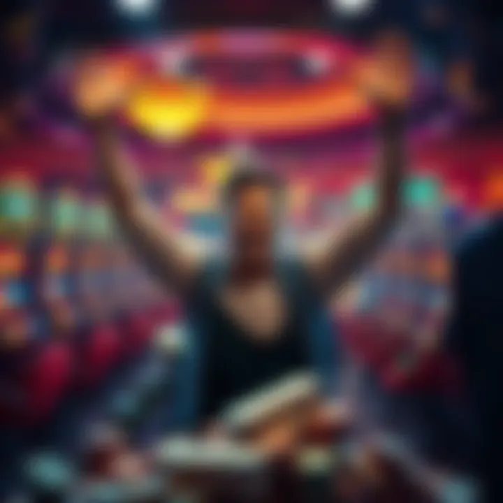 A player celebrating big wins in a casino with piles of cash and slot machines in the background