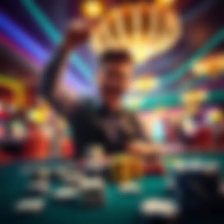 A player celebrating a big win in a casino with dice and chips on the table