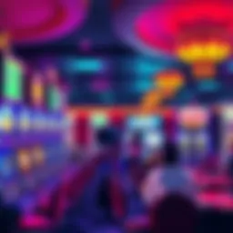 A vibrant casino scene featuring colorful slot machines and players celebrating wins at various gaming tables.