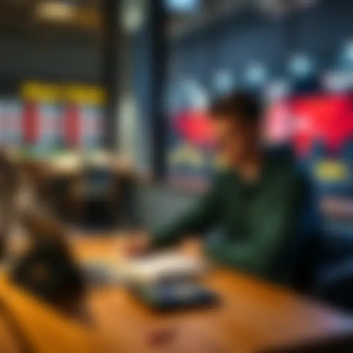 A person sitting at a table, looking at sports betting options on a laptop, with notes and a calculator beside them, reflecting on strategies for betting