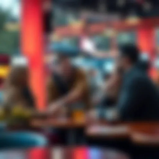 A group of friends laughing and placing a friendly bet while waiting together at a cafe.