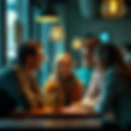 A group of friends chatting at a café, showcasing lighthearted banter and humorous exchanges