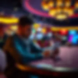 A casual gambler looks at a casino rewards card while playing blackjack at a casino table, contemplating the value of player status.