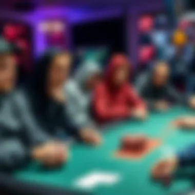 A group of people at a poker table wearing casual clothes like sweatpants and hoodies, showing discomfort among them.