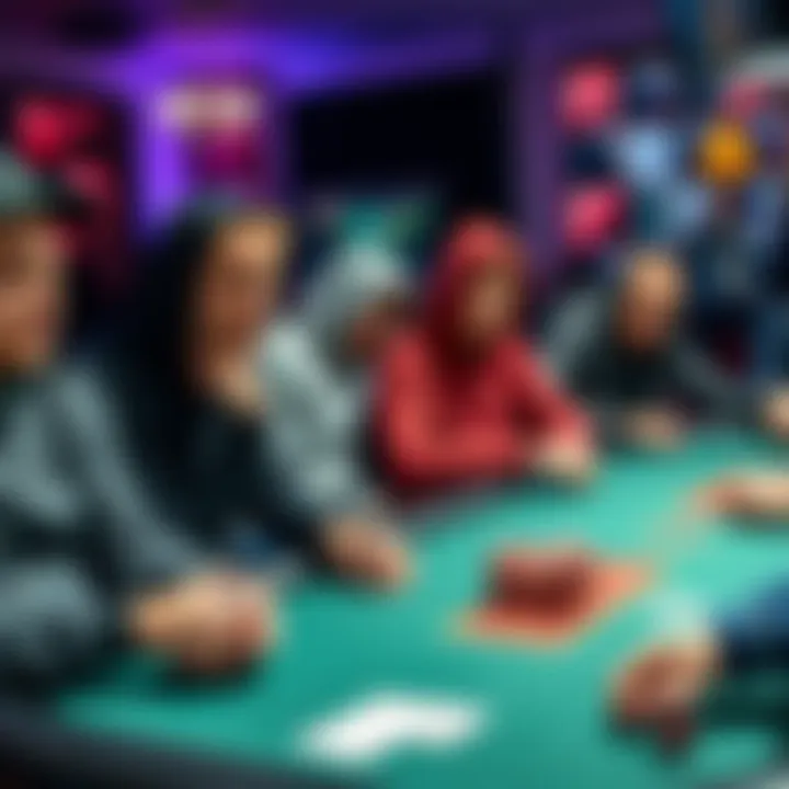 A group of people at a poker table wearing casual clothes like sweatpants and hoodies, showing discomfort among them.