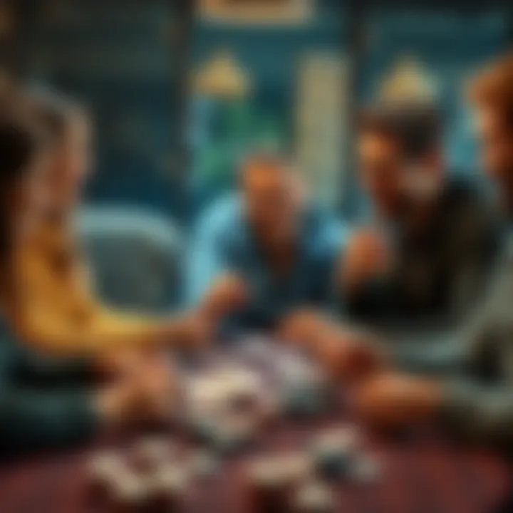 A group of friends enjoying a casual poker game, laughing and having fun, with cards and chips on the table.