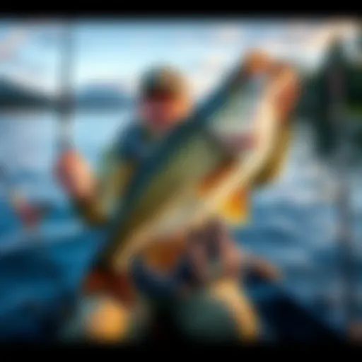 Catch of the Day A person proudly holding a large bass caught while fishing, surrounded by a scenic water view and fishing gear.