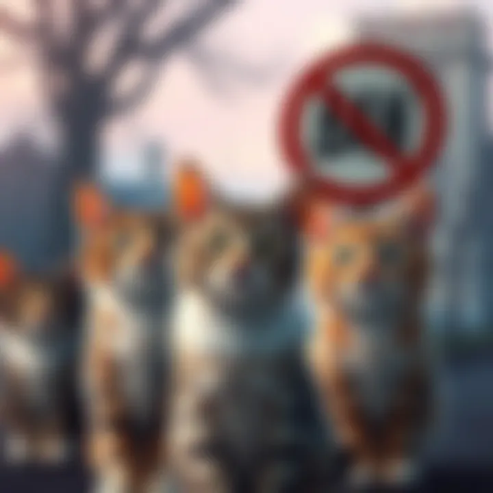 A group of cats looking worried as a no-entry sign is shown nearby, symbolizing their ban status.