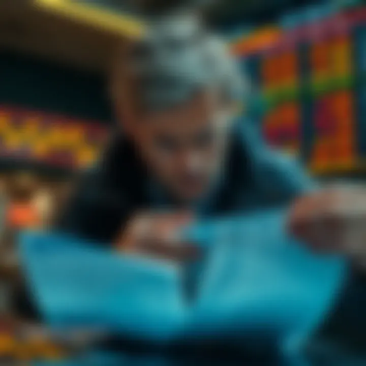 A worried person looking at stock market graphs and sports betting slips, symbolizing the risks of addiction.