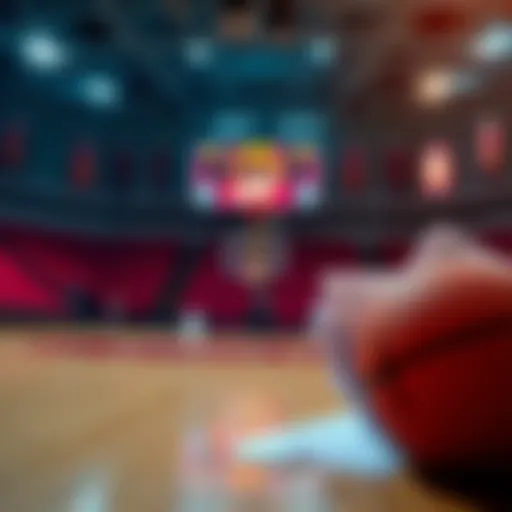 A close-up of a basketball court with a scoreboard showing a five-point lead for the Cavaliers, along with betting slips on the side.