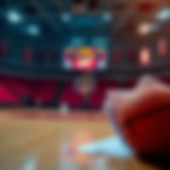 A close-up of a basketball court with a scoreboard showing a five-point lead for the Cavaliers, along with betting slips on the side.