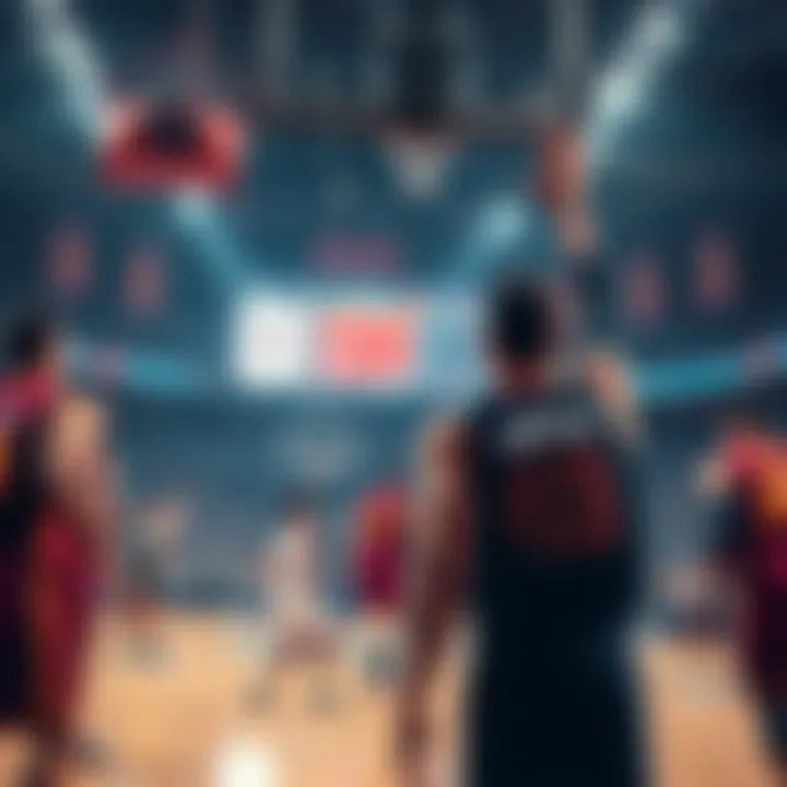 A basketball game scene showing Cavaliers and Clippers players during halftime, highlighting betting odds on a scoreboard.