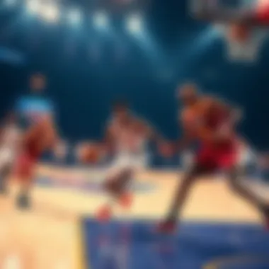 Players from the Cavaliers and Knicks compete on the court during an exciting basketball game.