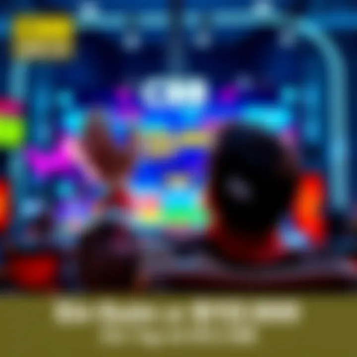 A person excitedly watching a game on a screen, surrounded by money and game-related items, representing a chance to win $12,000.