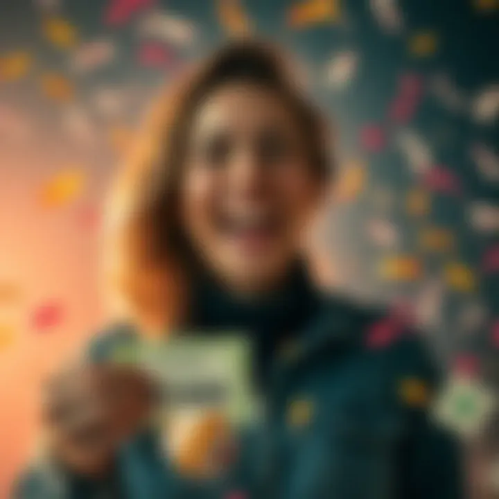 A person joyfully celebrating a small lottery win, with a big smile, holding a lottery ticket and confetti around them.