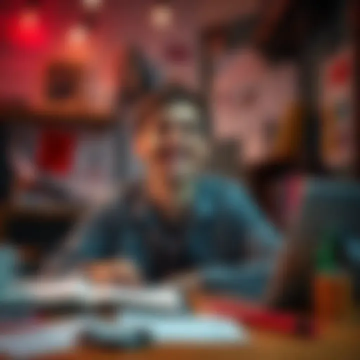 A person smiling and celebrating their 20 days of abstinence from gambling, surrounded by work materials and activities that promote focus and well-being.