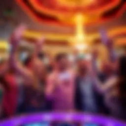 People celebrating a large jackpot victory in a casino setting, holding up their winning tickets with smiles