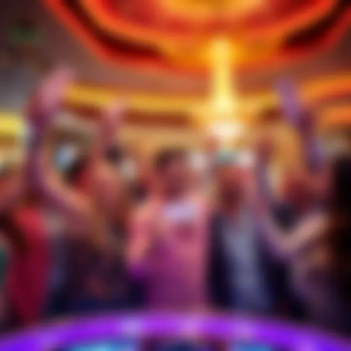 People celebrating a large jackpot victory in a casino setting, holding up their winning tickets with smiles