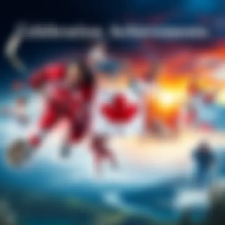 Celebrating Canadian Achievements A collage showing Canadian cultural and sports icons, including a hockey player, a musician, and a scenic view of a Canadian landscape, representing Canada's success on the global stage.