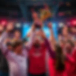 A group of people celebrating their victory with a trophy, showing joy and teamwork, in a bright and festive atmosphere.