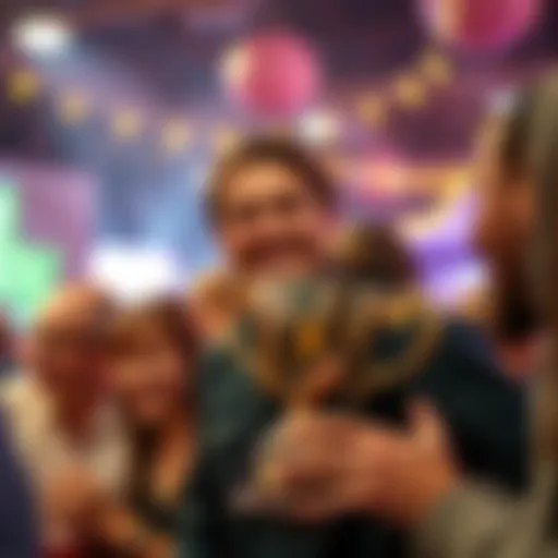 A person smiling and holding a trophy with friends, symbolizing five years of living without gambling, surrounded by a supportive community.