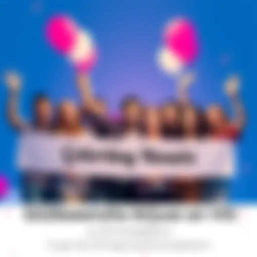 A group of people smiling and celebrating together, holding banners and balloons, symbolizing friendship and achievement.