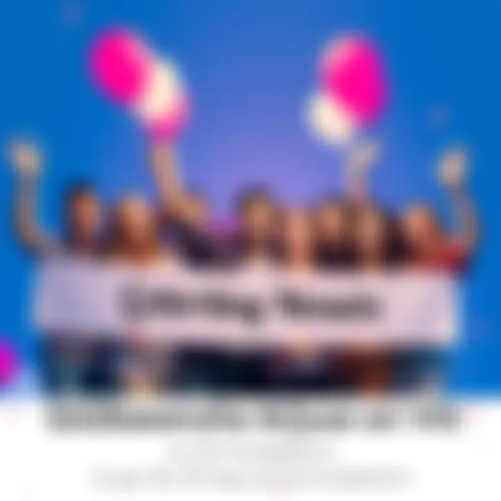 A group of people smiling and celebrating together, holding banners and balloons, symbolizing friendship and achievement.