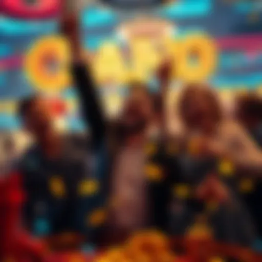 A player joyfully celebrating a big win at Dara Casino with friends and a festive atmosphere