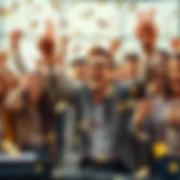 A group of happy people cheering and celebrating, holding lottery tickets and money in their hands, with expressions of excitement and hope for a big win.