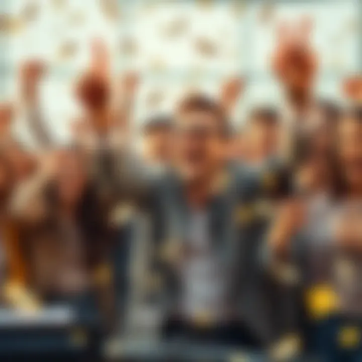 A group of happy people cheering and celebrating, holding lottery tickets and money in their hands, with expressions of excitement and hope for a big win.