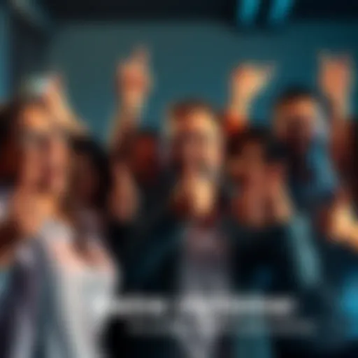 A group of people joyfully celebrating small achievements with smiles and thumbs up.