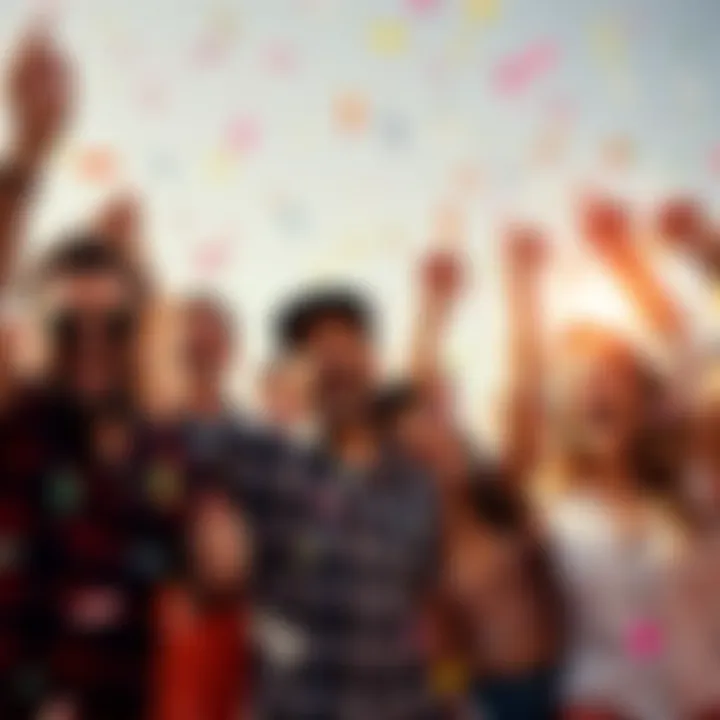 People joyfully celebrating their wins on a sunny Sunday afternoon with smiles and confetti, surrounded by friends and family.