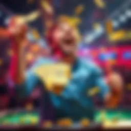 A player joyfully celebrating while holding a stack of yellow dollars after winning a bonus