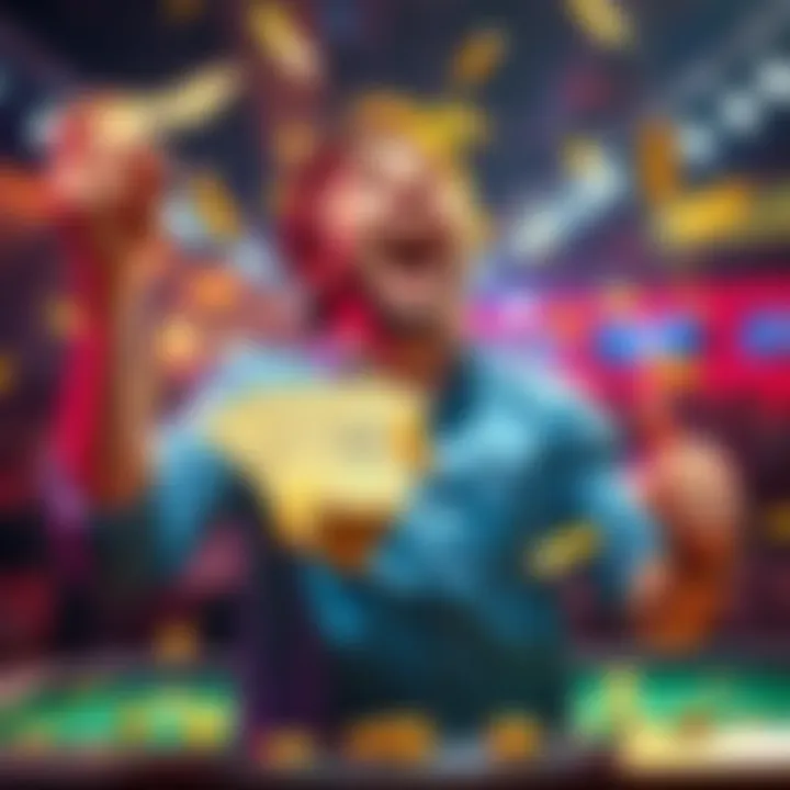 A player joyfully celebrating while holding a stack of yellow dollars after winning a bonus