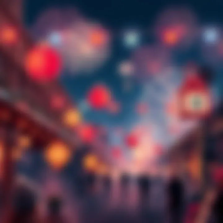 A festive scene with decorations and fireworks for the 250th anniversary celebration