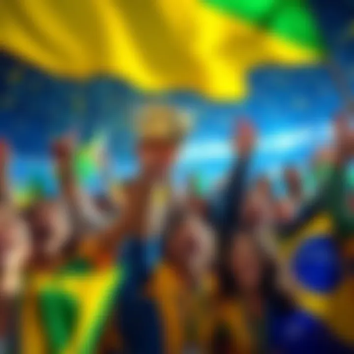 People celebrating in Brazil with flags and smiles, reacting to the news of +225.