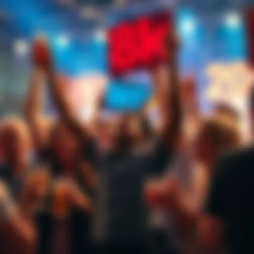 People celebrating a win with drinks and smiles, some holding signs of support, while others show mixed reactions