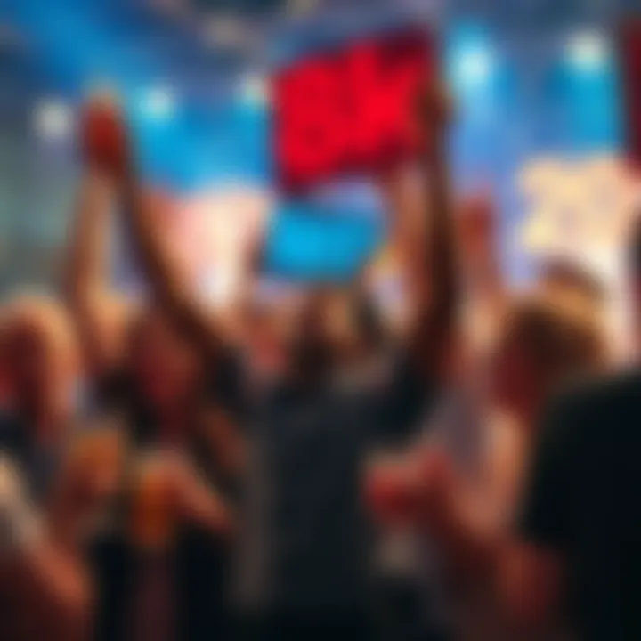People celebrating a win with drinks and smiles, some holding signs of support, while others show mixed reactions