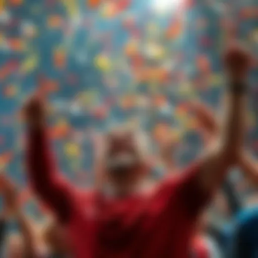 A person celebrating a significant achievement with arms raised, smiling and surrounded by confetti.