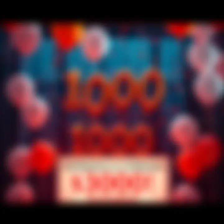 A festive scene with balloons and confetti to celebrate reaching 1000 followers, with a sign displaying a $3000 giveaway.