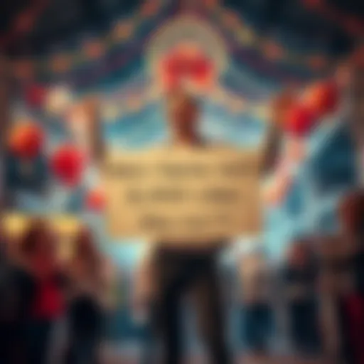 A person standing proudly, holding a sign with their new name, surrounded by festive decorations and happy people