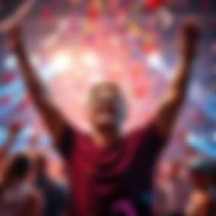 A person joyfully celebrating a victory with a big smile and raised arms, surrounded by confetti and colorful decorations