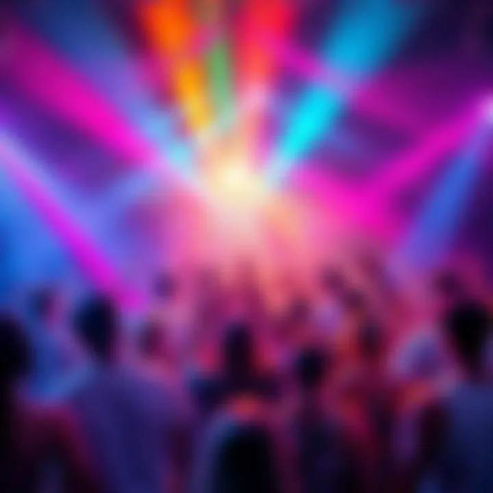 A vibrant party scene in Arizona with people enjoying music and dancing under colorful lights.
